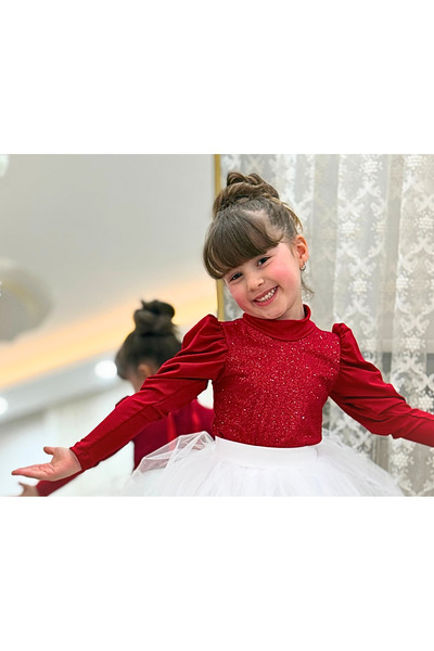 LULLY KİDS Girl's Red Glittery Long Watermelon Sleeve Blouse Badi