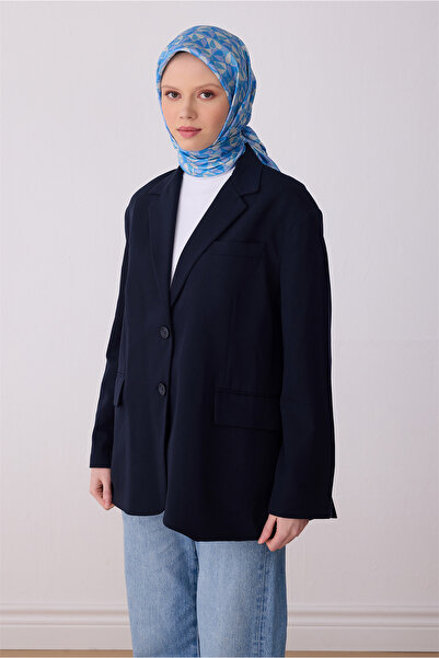 Belli Eșarfă albastră multicoloră cu model de obiecte, 100% mătase twill 4322-33