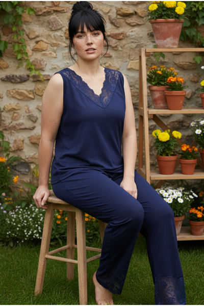 Siyah İnci Costum de pijama din viscoză tricotată, fără mâneci, cu detaliu di...