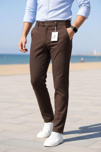 MODAMESTO Men's Brown Slim Fit Lycra Side Pocket Ankle Length Plain Fabric Tr...