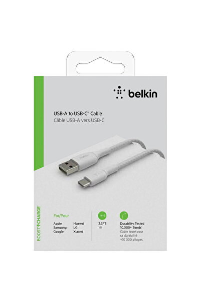 Belkin Cablu USB-C/USB-A împletit, 1 m, alb
