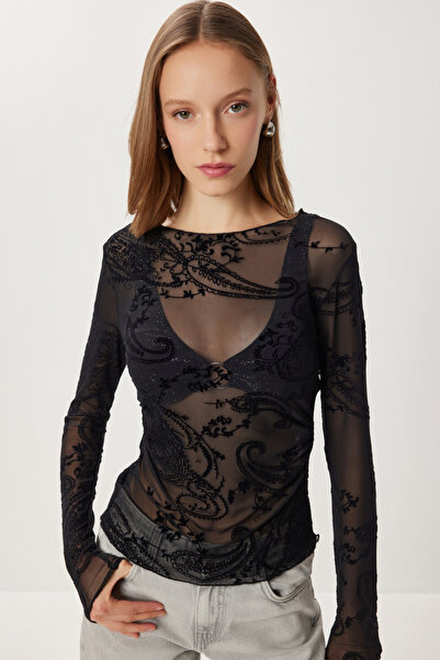 Rora Flock Printed Gathered Transparent Blouse