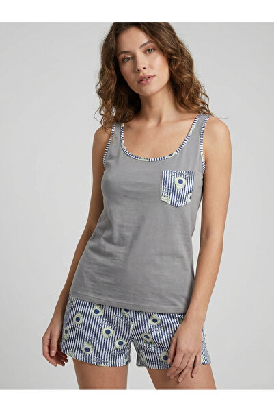 NEW JOURNAL Γυναικείο Σετ Πιτζάμες με Τιράντες σε Γκρι-Ινδιγκό Χρώμα NJ92