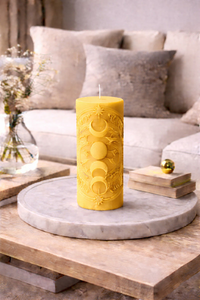 Bead Astroloji Desenli Dekoratif Silindir Mum – Ay & Güneş Figürlü Modern Ev ...