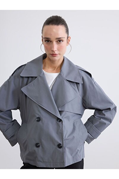 LC Waikiki Lcwaikiki Classic Gray Double-Breasted Collar Oversize Women's Tre...