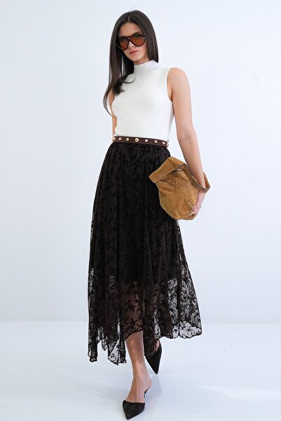 Trend Alaçatı Stili Women's Bitter Brown Lined Maxi Length Lace Skirt Alc-X15309
