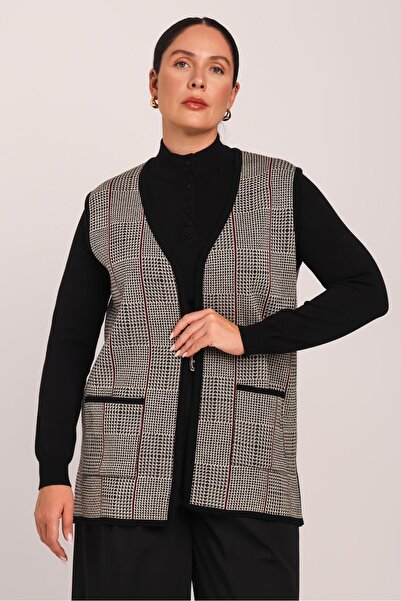 Uludağ Triko Kadın Siyah Taş Cepli V Yaka Ekose Triko Anne Yelek