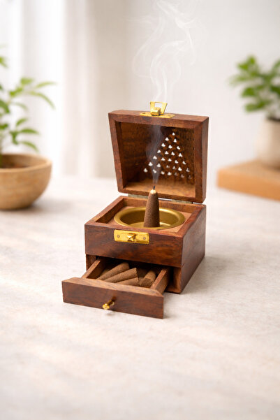 memyap Çekmeceli ve Kapaklı Ahşap Piramit Konik Tütsü Yakma Kutusu – Dekorati...