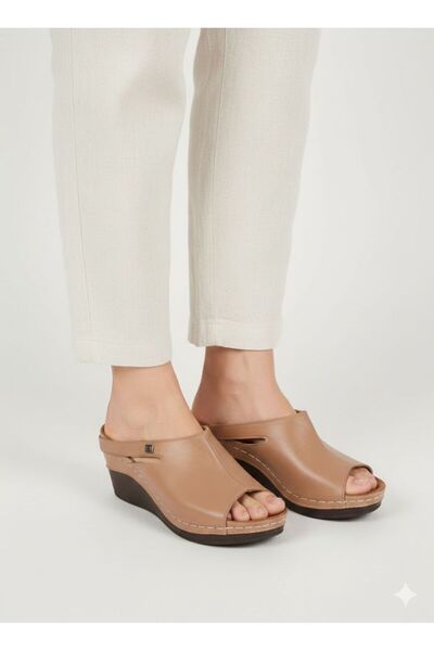 Ender 100% Genuine Leather Wedge Heel Latte Color Women's Slippers