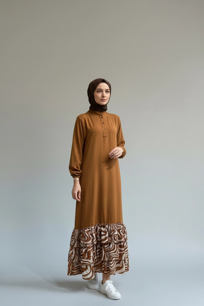 Invee Volan Detaylı Uzun Elbise - Kahverengi