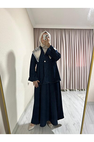 GZN Bel büzgülü-düğmeli Kot tesettür etek-ceket takım
