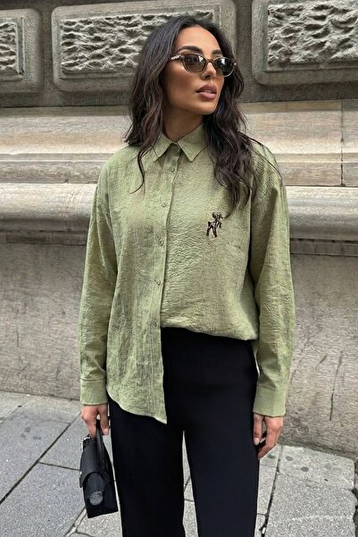 Trend Alaçatı Stili Women's Green Deer Embroidered Aerobin Shirt Alc-X15315