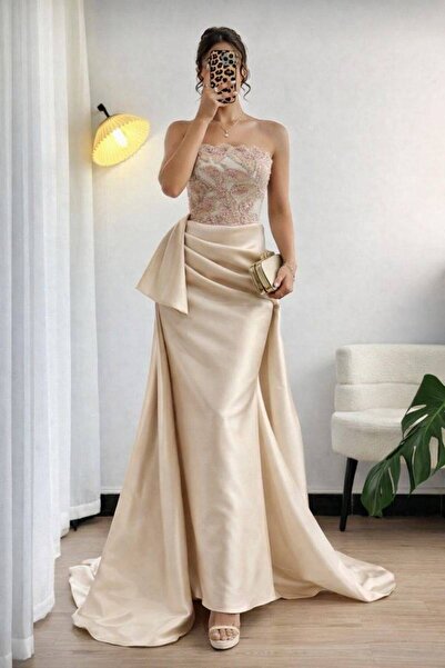 Bamah luxurious long beige evening dress