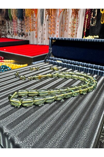 Septemmart سبحة من العنبر الأخضر المائي مقاس 7x11 ملم مع حلقة خاصة وتوقيع المعلم