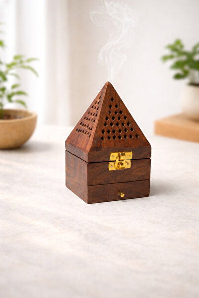 Wooden Pyramid Taper Incense Incinerator with Drawer and Lid – Decorative Incense Holder