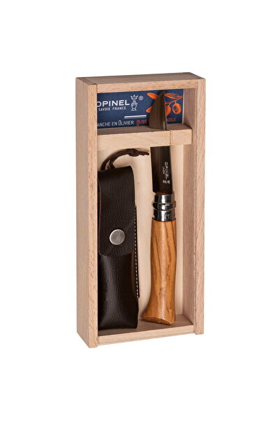 Opinel Nr. 08 Lemn de măslin + teacă în cutie de pix