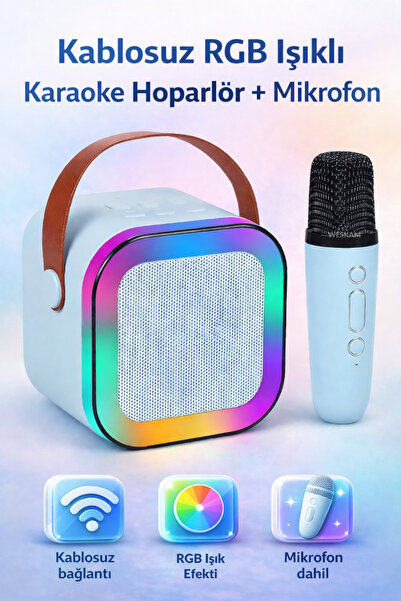 Weskam Mikrofonlu Bluetooth Karaoke Hoparlör RGB LED Işık 5 Ses Efekti Taşına...