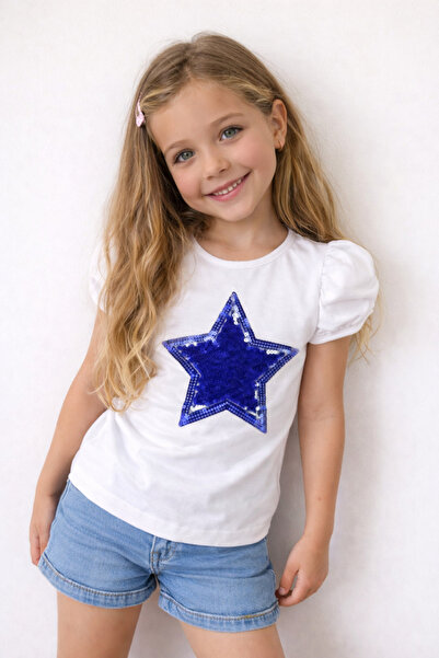 Nacar 23 Nisan 29 Ekim Gösteri Kıyafeti Yıldız Detaylı Kız Çocuk Tişört – Beyaz