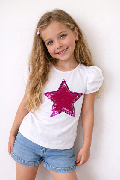 Nacar 23 Nisan 29 Ekim Gösteri Kıyafeti Yıldız Detaylı Kız Çocuk Tişört – Beyaz