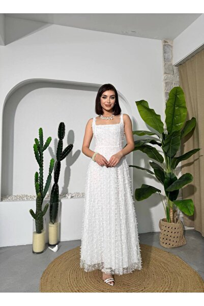 ETİKAFASHION Romantik Fiyonk Detaylı Askılı Uzun Elbise