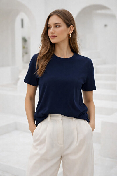 Rich Women's Navy Blue Soft Textured Interlock Crew Neck Basic T-Shirt