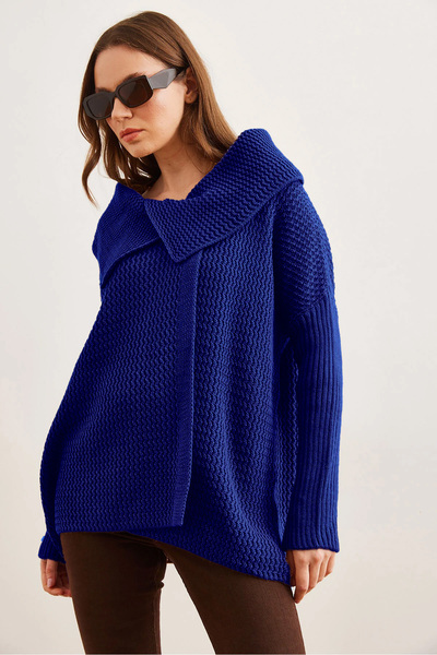 Olalook Women's Saks Blue Wrap Collar Buttoned Knitwear Cardigan Hrk-19000326