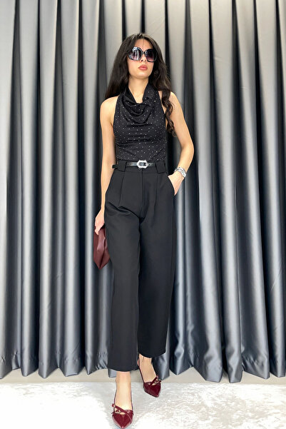 Gökkuşağı Kemerli Havuç Kesim Kumaş Pantolon-Siyah SİYAH