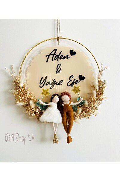 KB-GİFTSHOP 30*30 cm gold kasnaklı kız-erkek keçe bebekli kardeş veya ikiz be...