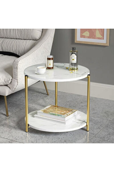 Ch A luxurious two-tiered round wooden table with a white marble-patterned to...