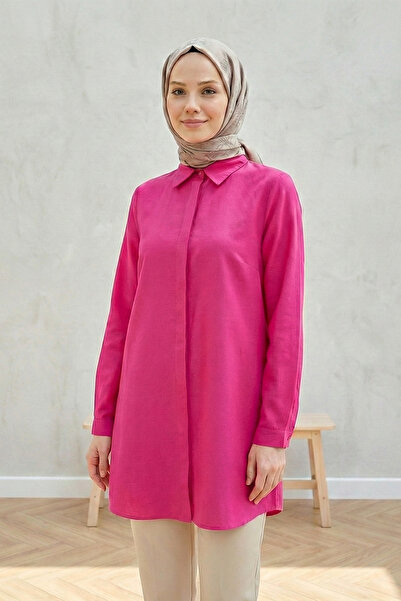FERHEL Women's Hidden Button Long Boyfriend Shirt Tunic - Fuchsia
