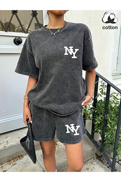 ship master Washable Loose Fit Ny Printed 2-Piece Shorts Set 100% Cotton Unisex