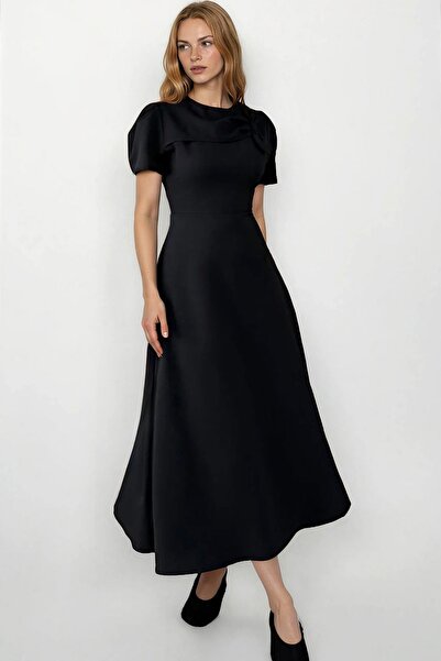 Trend Alaçatı Stili Women's black crew neck bow design maxi woven dress alc-x...