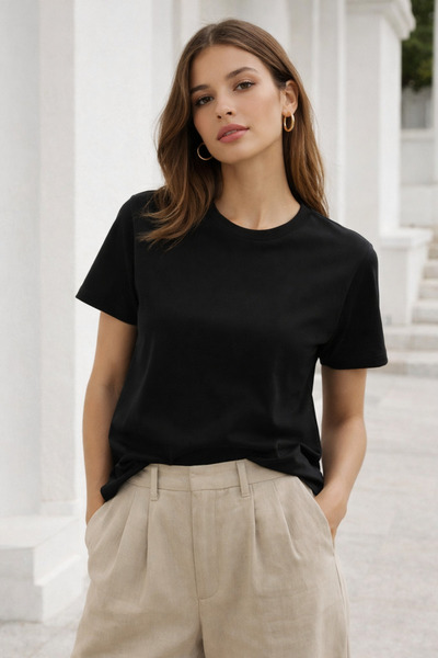 Rich Women's Black Soft Textured Interlock Crew Neck Basic T-Shirt