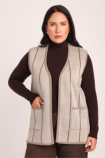 Uludağ Triko Women's Bone Sand Pocket V-Neck Plaid Knitwear Mother Vest