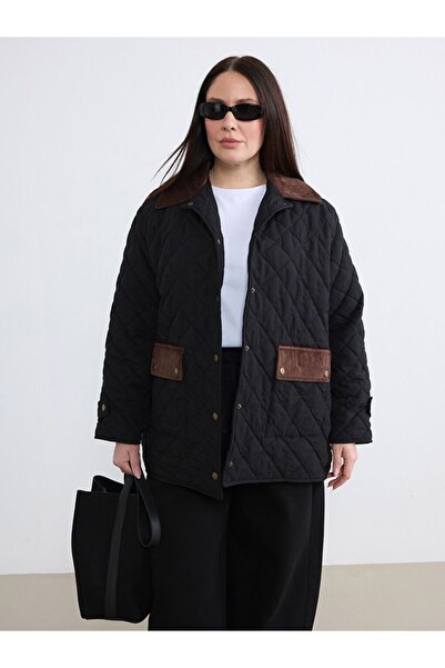 LC Waikiki Soulife Black Plus Size Velvet Collar Quilted Women's Jacket