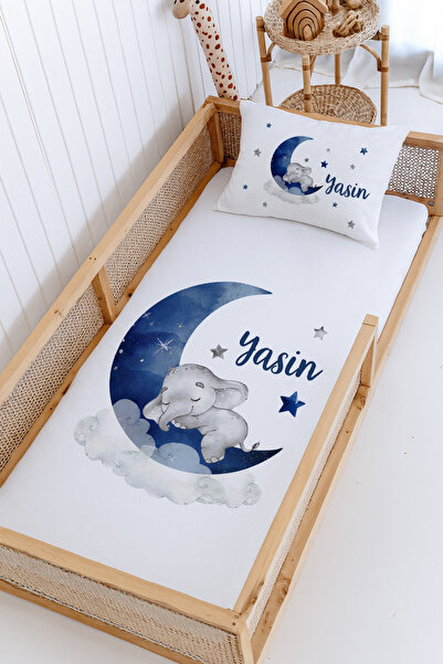 Lilabio %100 Pamuk İsme Özel Montessori Yatak Pike Seti 100x200 Mavi Fil
