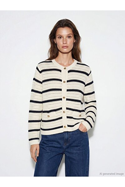 LC Waikiki Crew Neck Striped Women's Knitwear Cardigan