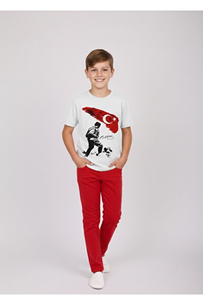 BLACK SWALLOW Комплект за момчета с тениска с принт на Ататюрк и ленени панта...