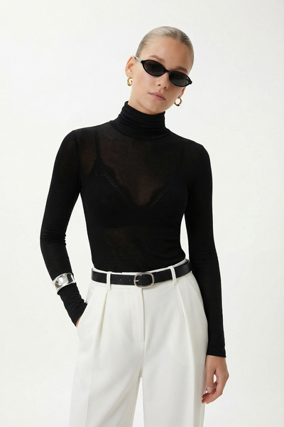 Ritnice Women's Adel Transparent Turtleneck Ultra Light Black Knitted Blouse