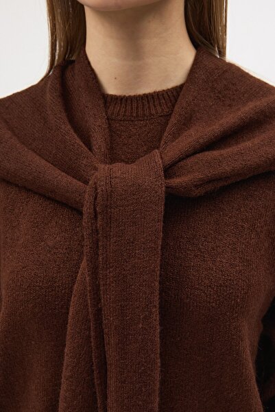 QANU Şal Detaylı Triko Kazak Kahverengi