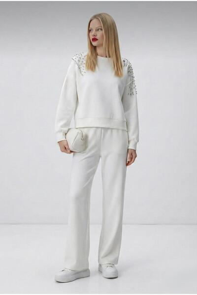 Koza Butik Women's Long Sleeve Shoulder Stone Detailed Wide Leg Tracksuit Set...