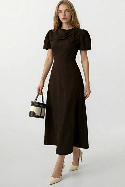 Trend Alaçatı Stili Women's Brown Crew Neck Bow Design Maxi Length Woven Dres...