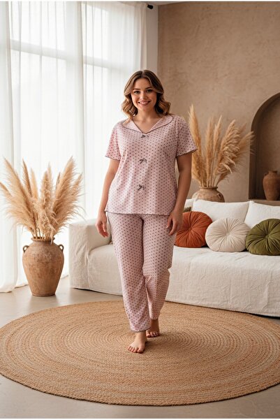 LİLA İÇ GİYİM Battal Bow Viscose Short Sleeve Pajama Set