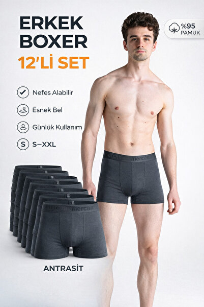 Mercan 12-Pack Men's Anthracite Boxers - Breathable Fabric for All Day Comfor...