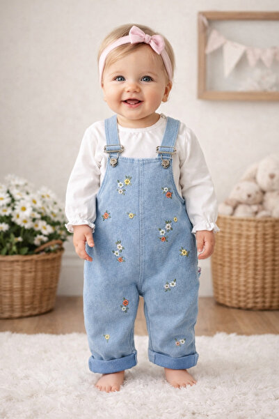 Baby Buu Çiçek Nakışlı Kız Bebek Salopet Tulum Bahçivan 6-9 Ay, 9-12Ay, 12-18Ay