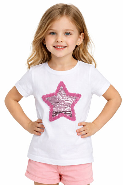 Nacar 23 Nisan 29 Ekim Gösteri Kıyafeti Payet Yıldızlı Kız Çocuk Tişört – Beyaz