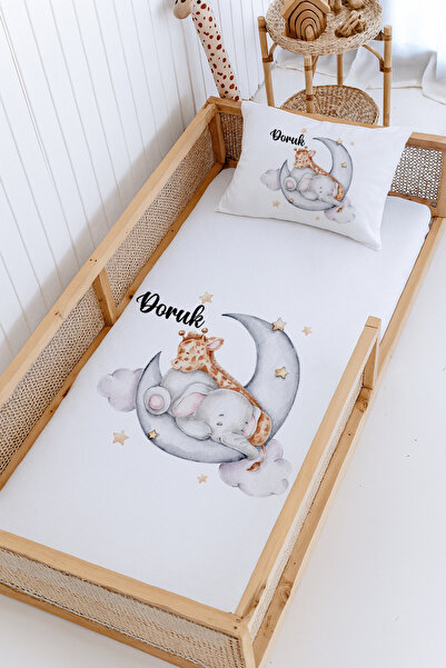 Lilabio %100 Pamuk İsme Özel Montessori Yatak Pike Seti 100x200 Fil Zürafa