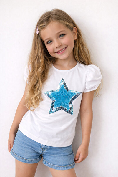 Nacar 23 Nisan 29 Ekim Gösteri Kıyafeti Yıldız Detaylı Kız Çocuk Tişört – Beyaz