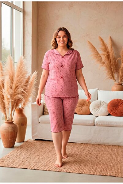LİLA İÇ GİYİM Battal Bowknot Viscose Capri Short Sleeve Pajama Set