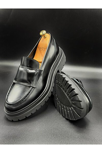 TETRİ Nady Model Genuine Leather Handmade Black Open Casual Shoes